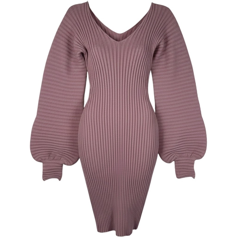 Fashion Nova Sweater Dress Womens Small Mauve Ribbed Balloon Sleeve Bodycon